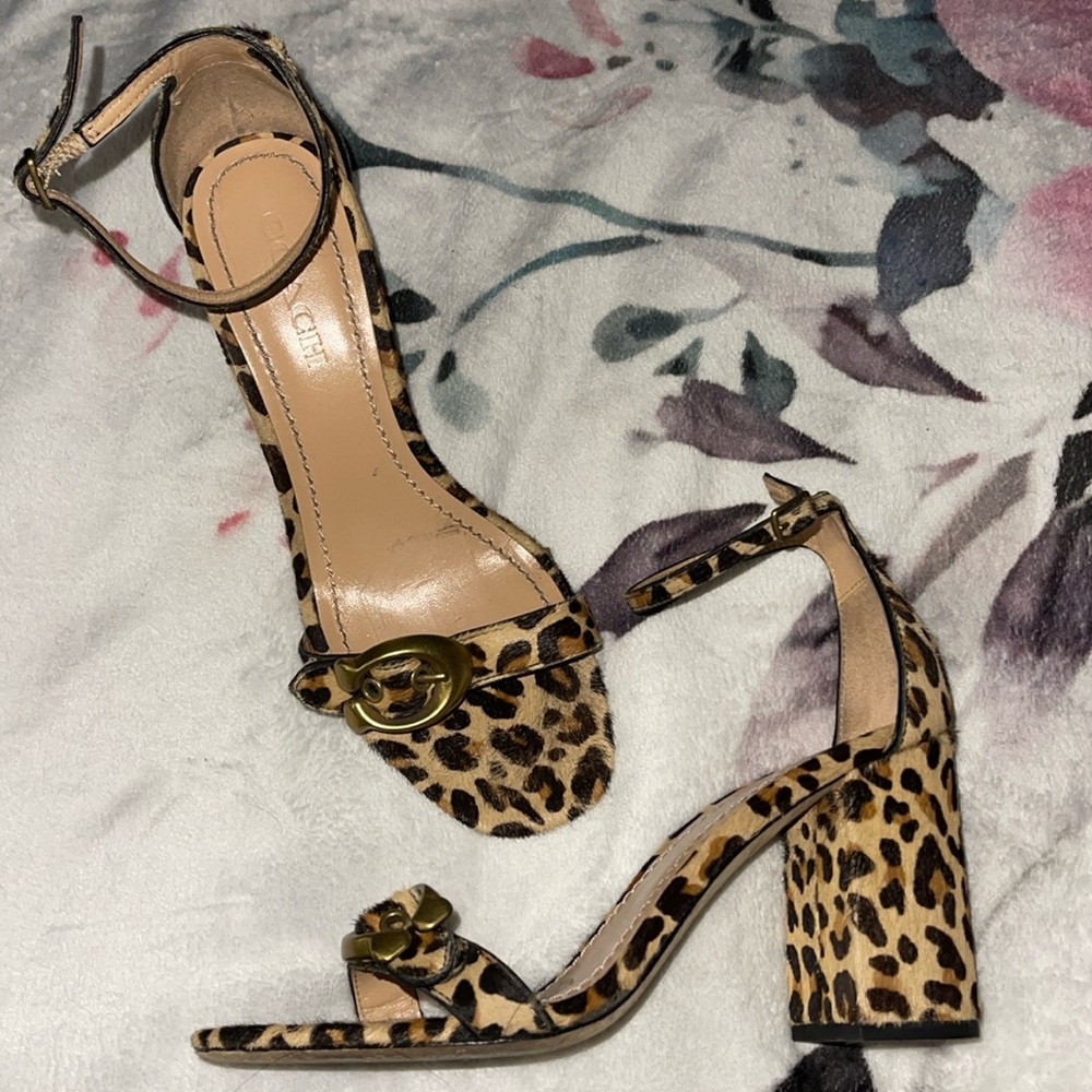 Coach leather leopard open toe heels